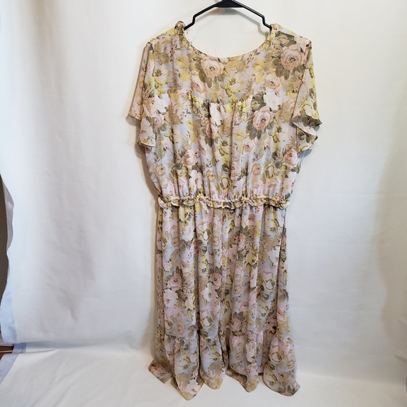 LC LAUREN CONRAD Pastel Floral Flutter Sleeve Faux Wrap Midi Chiffon Dress XXL - Picture 2 of 8